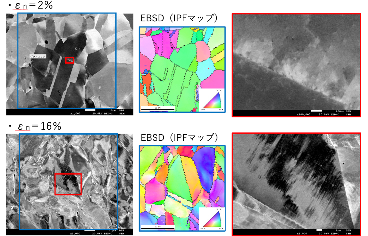 与ひずみ量の異なる試料のECC 像